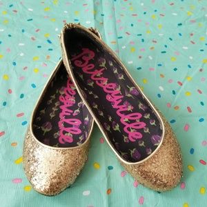 Betsyville gold glitter flats with faux zipper